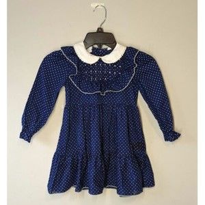 Vintage Polly Flinders Smocked Blue Polka Dot Dress Collared Girls Size 5
